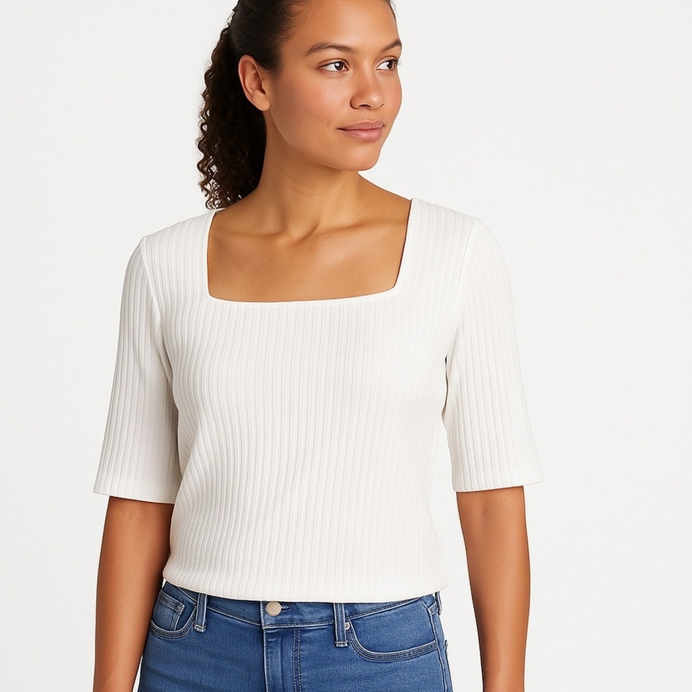 Evereve‎ Shirt Womans Large White Ribbed Square Neck Half Sleeve